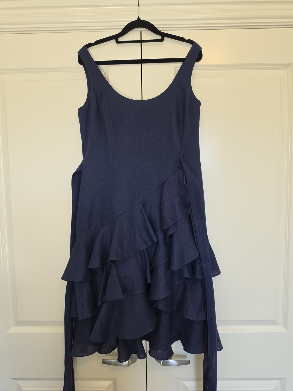LAUREN RALPH LAUREN NAVY 100% LINEN ASYMMETRIC RUFFLE TIERED BELTED DRESS SIZE 6